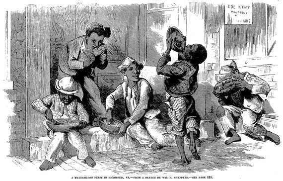 Το 1869, η εικονογραφημένη εφημερίδα του Frank Leslie δημοσίευσε ίσως την πρώτη καρικατούρα των μαύρων που τρώνε καρπούζι